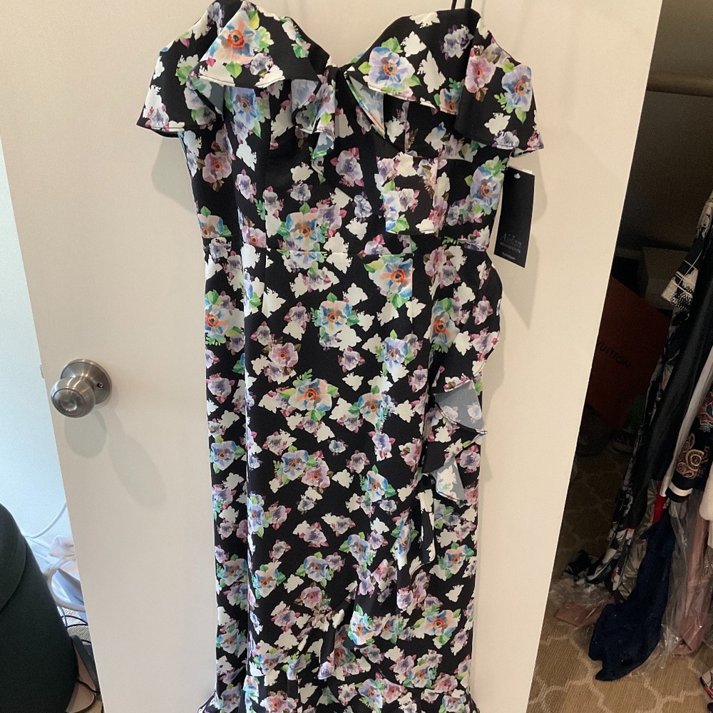 NWT- Aidan by Aidan Maddox strapless, high-low gown, size 6, black floral